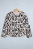 Khaki leopard quilted jacket with snap front and patch pockets on a hanger, front view