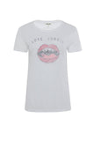 White t-shirt with 'Love Junkie' graphic design on a white background