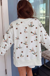 White mallard duck print oversized pullover with ribbed hem band, back view