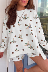 Women's white mallard duck and polka dot oversized pullover and shorts set, front view