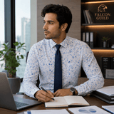 Man at desk with laptop and notebook, wearing patterned shirt and tie.