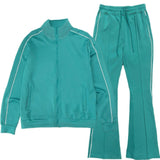 Teal tracksuit with white piping on a white background