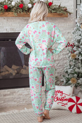 Back view of mint green and pink Christmas print jogger lounge set