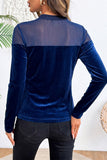 Back view of navy velvet top with sheer mesh yoke across the shoulders
