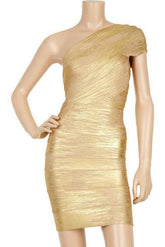 Gold one-shoulder dress on a mannequin against a white background