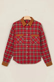 Red-beige plaid shirt with brown corduroy collar, cuffs, and chest pockets.