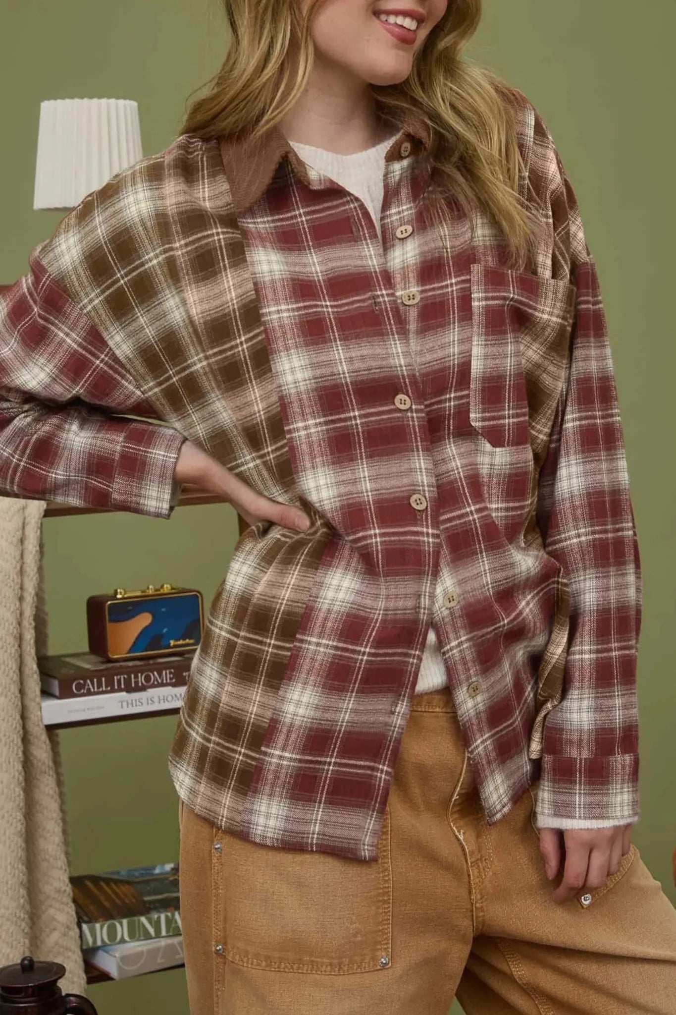 Plaid Contrast Corduroy Button Down Shacket | Zarnesh