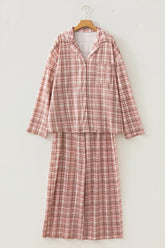 Dusty pink and red plaid pajama set with a long skirt on a hanger.