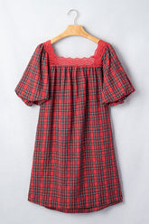 Plaid Puff Sleeve Green Bow Babydoll Mini Dress | Zarnesh
