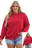Woman modeling red crewneck sweatshirt with denim shorts against white, with a full-body outfit inset.