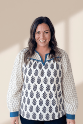 Plus Size Floral Contrast Split Neck Blouse | Zarnesh