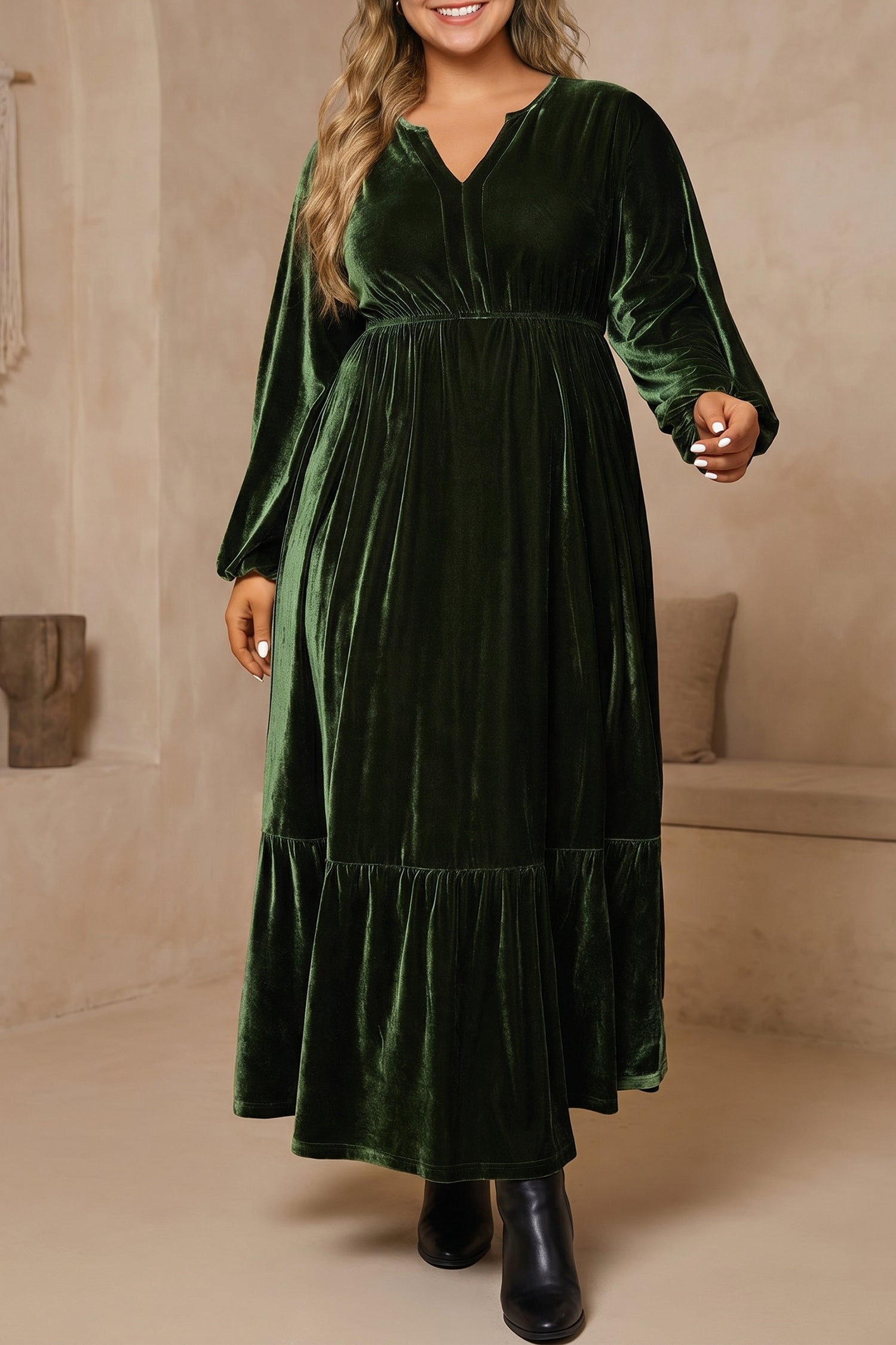Plus size blackish green velvet V neck long sleeve tiered maxi dress with black ankle boots