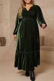 Plus size blackish green velvet V neck long sleeve tiered maxi dress with black ankle boots