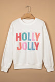 White Holly Jolly gingham letter Christmas sweatshirt on a hanger, front view
