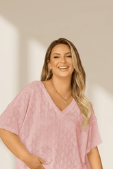 Plus Size Pointelle Rhombus Knit V Neck Top | Zarnesh