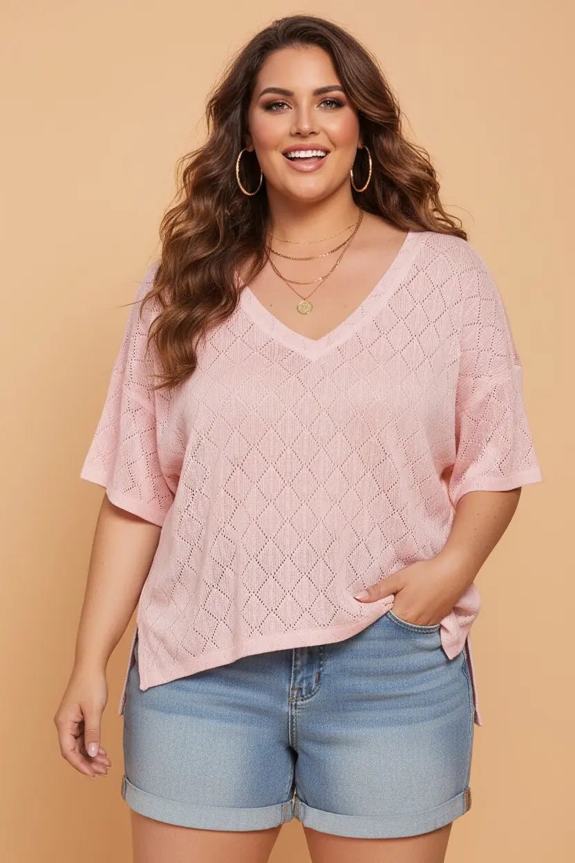 Plus Size V-Neck Pointelle Rhombus Loose Top | Zarnesh