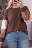 Plus size coffee waffle knit top with floral patchwork balloon sleeves and jeans, front view