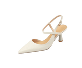 White high-heeled shoe with a slingback design on a white background