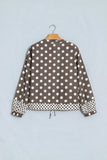 A brown long-sleeve jacket with a white polka dot pattern