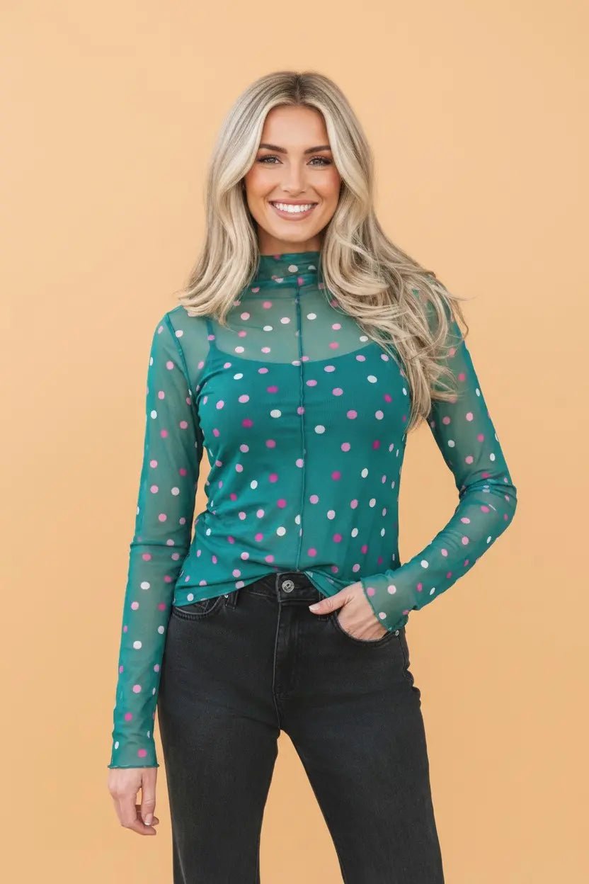 Polka Dot Mock Neck Bodycon Long Sleeve Top | Zarnesh