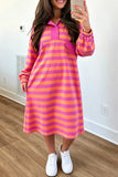 Woman in rose and orange stripe polo collar long sleeve midi dress with white sneakers