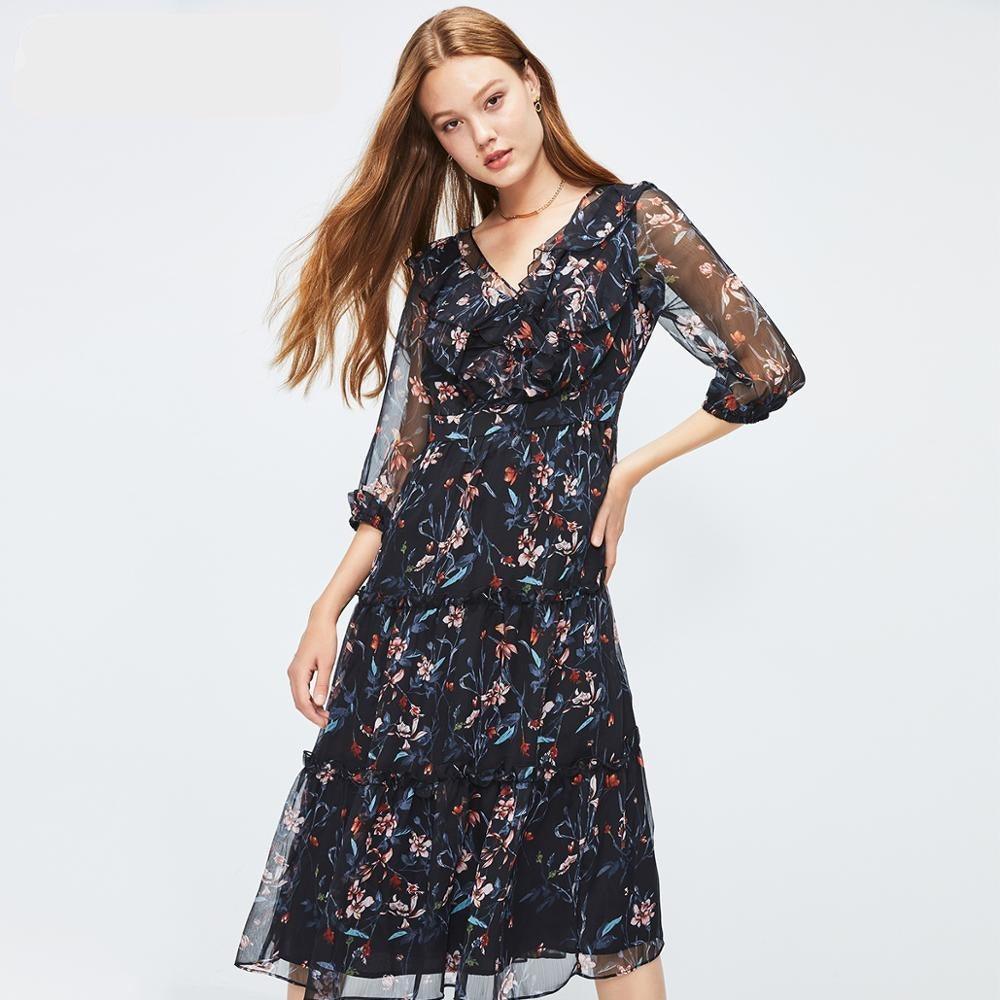 Ruffled V-Neck Floral Cinched Waist Midi Dress | Zarnesh