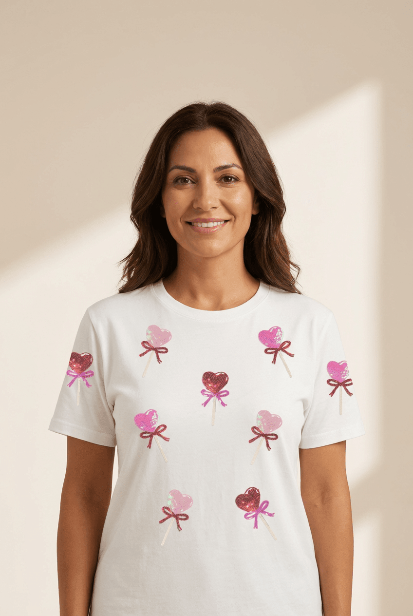 Woman wearing a white t-shirt with pink heart designs on a beige background