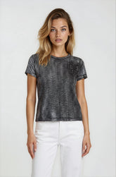 Woman wearing a dark gray t-shirt with a bow design on a white background