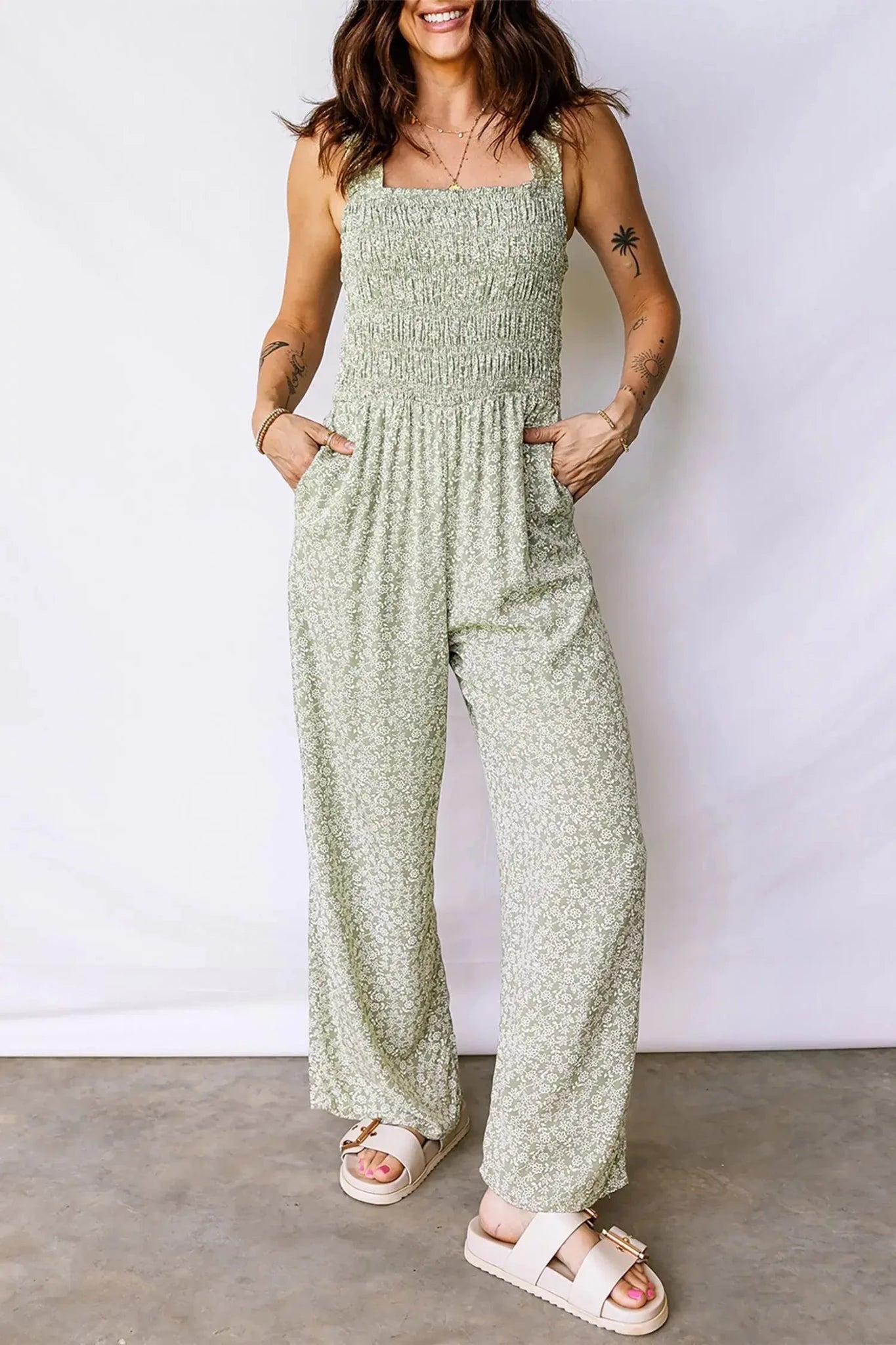 Smocked Floral Bodice Sleeveless Jumpsuit | Zarnesh