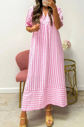 Stripe Print V Neck Puff Sleeve Maxi Dress | Zarnesh