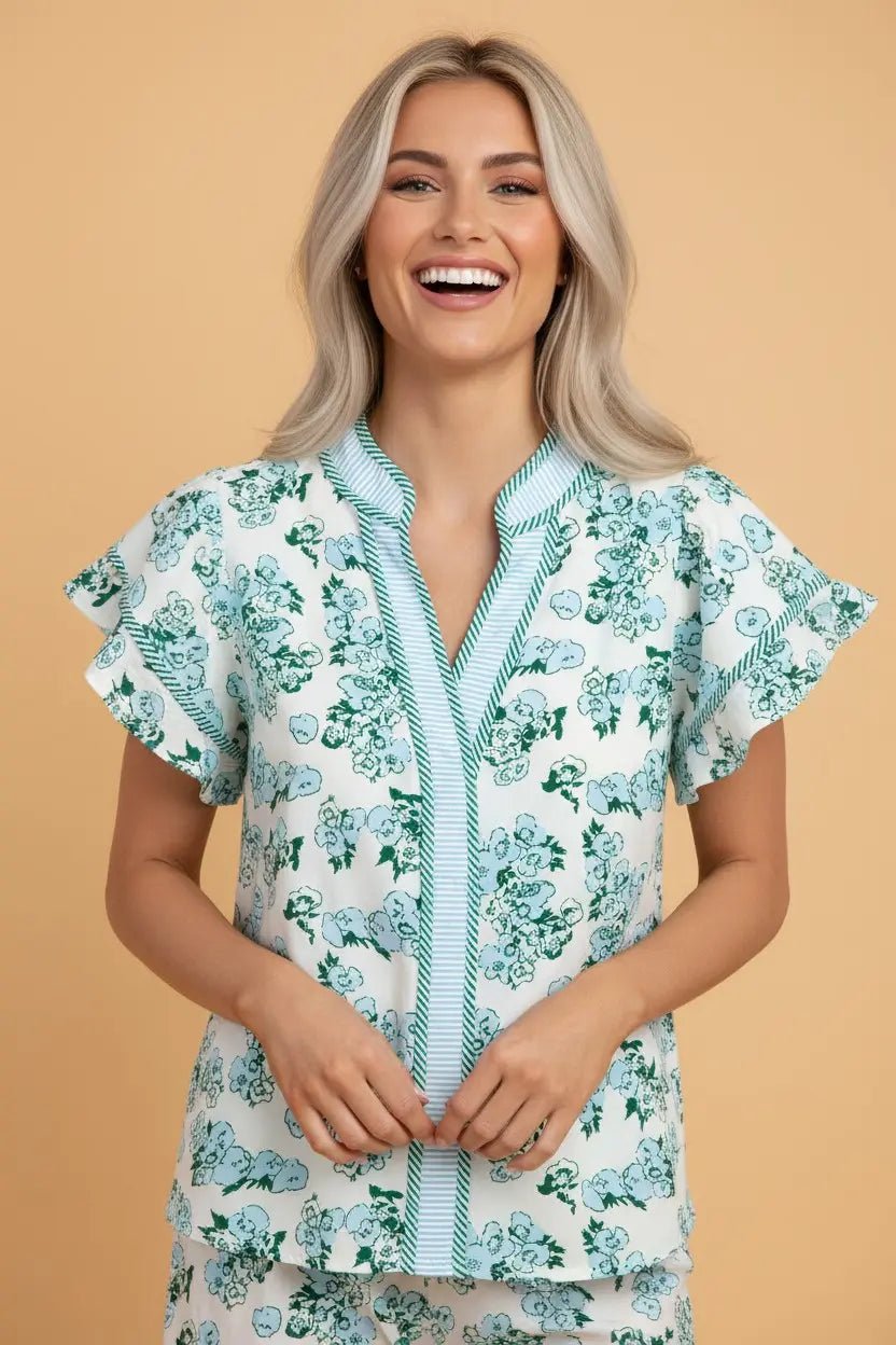 Striped Floral Flutter Sleeve V-Neck Blouse | Zarnesh