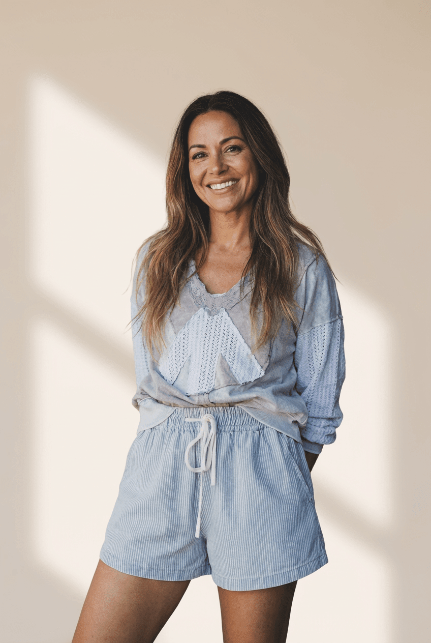 Woman wearing a light blue outfit with a matching top and shorts against a beige background
