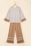 Children's brown and white striped set with ruffled cuffs and matching wide-leg pants.
