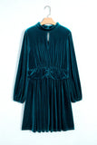 Teal velvet mock neck mini dress with ruched waist on a hanger, front view