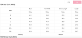 Size chart for tops in inches with measurements for bust, hem width, sleeve length, and length.