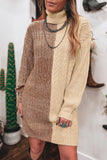 Back view of woman in cream-brown cable-knit sweater dress with wide brown belt.