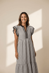 V Neck Stripe Contrast Flutter Sleeve Dress | Zarnesh