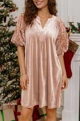 Velvet Embroidered Puff Sleeve Shift Mini Dress | Zarnesh