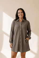 Waffle Knit Button Down Shirt Dress Pockets | Zarnesh