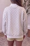 Women's white polka dot balloon sleeve sweatshirt with ribbed cuffs and hem