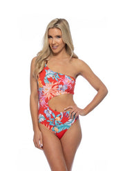 Women Bold Red Tropical Ring Accent One Shoulder One Piece Swim Zarnesh