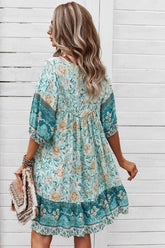 Women Floral Tie Neck Detail Short Sleeves Babydoll Shift Dress Zarnesh
