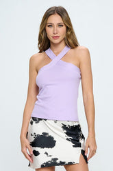 Women Knit Criss Cross Halter Neckline Sleeveless Cami Top Zarnesh