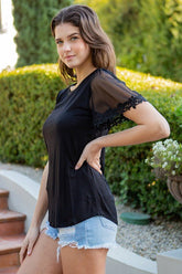 Women Mesh Flutter Sleeve Knit Round Neck Jersey Pull On Top Zarnesh