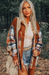 Women Plaid Corduroy Patchwork Collar Chest Pocket Shacket Zarnesh