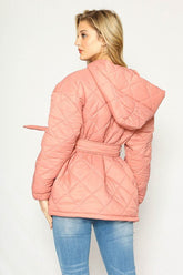 Women Premium Cozy Hood Self Tie Belt Zip Front Puffer Jacket Zarnesh