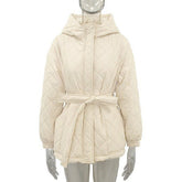 Women Premium Cozy Hood Self Tie Belt Zip Front Puffer Jacket Zarnesh
