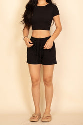 Knit Ribbed Drawstring Lounge Shorts Set | Zarnesh