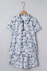 Women’s Abstract Camouflage Polo Collar Zip Top Shorts Set | Zarnesh