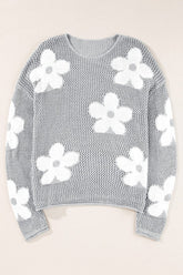 Women's Big Flower Hollow Knit Drop Shoulder Sweater | Zarnesh